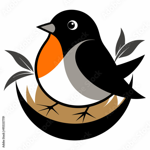 Robin bird sit in nest silhouette vector illustration