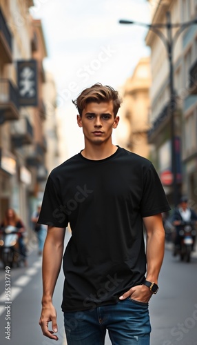 Jeune homme portant un t-shirt noir