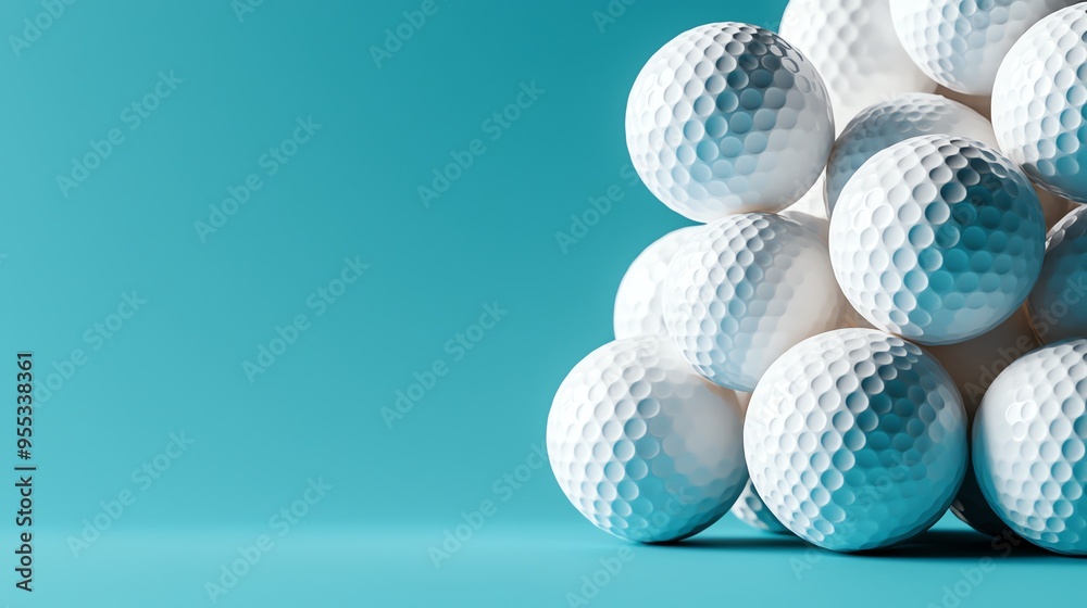 A close-up of stacked white golf balls against a vibrant teal background, showcasing texture and detail in each ball.