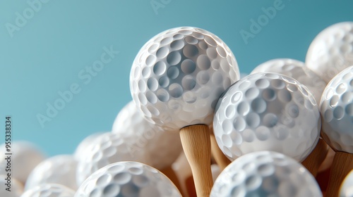 A close-up image showcasing a cluster of white golf balls on wooden tees against a light blue background.