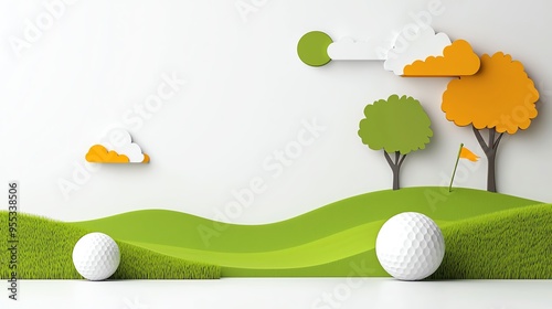 A vibrant and playful golf-themed landscape with colorful trees, hills, and golf balls, perfect for sports or decor.