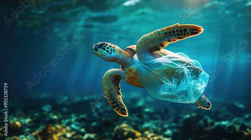 Sea turtle ingesting a clear plastic bag underwater, a tragic consequence of pollution in the marine ecosystem.