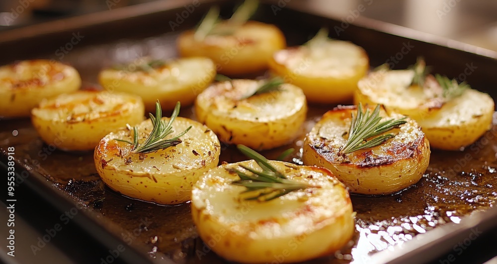Golden roasted potatoes with fresh herbs served on a baking tray at a cozy kitchen setting Golden roasted potatoes with fresh herbs served on a baking tray at a cozy kitchen setting