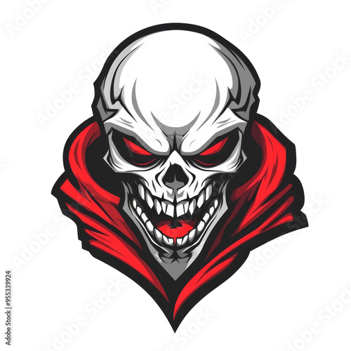Aggressive sports team skull mascot design with dynamic features on a white backdrop