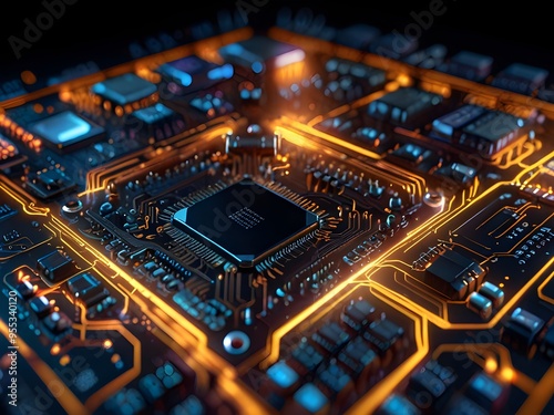 Dynamic Movement in Glowing Electronic Circuits and Microchips: Illuminating Electronic Circuits (electronic circuit board with processor) photo