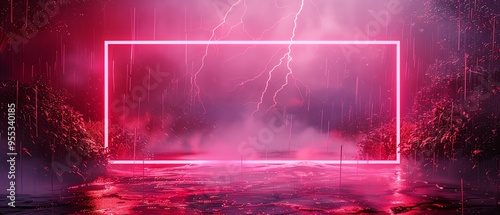 Red neon frame in a misty, waterfilled landscape with lightning, surreal and atmospheric photo