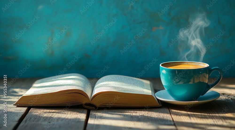 Warm cup of coffee alongside an open book on a wooden table with a blue backdrop Warm cup of coffee alongside an open book on a wooden table with a blue backdrop