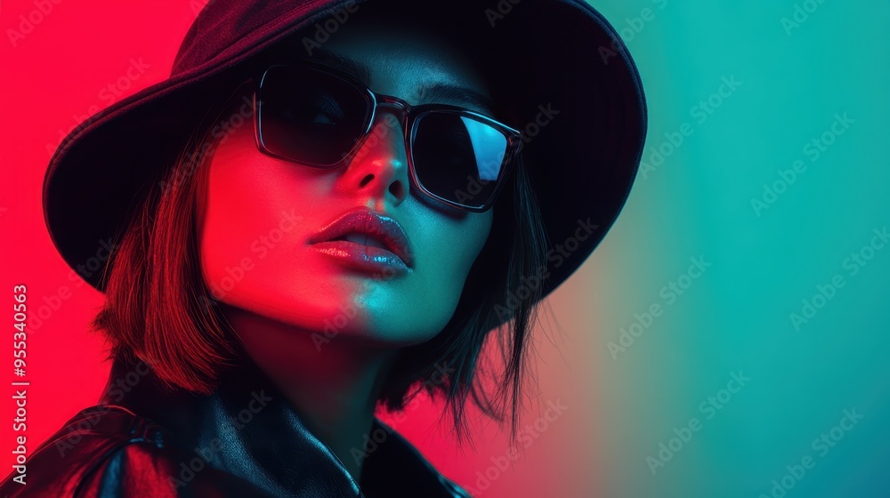 A person with a black hat stands in dual-color lighting, blending red and blue hues to create a vivid and visually captivating image, evoking a sense of modern style.