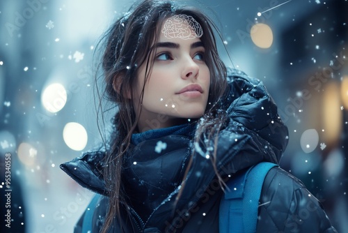 Cognitive enhancement BDNF Woman with a glowing brain in a winter setting representing the clarity of thought and resilience of the mind in challenging conditions photo