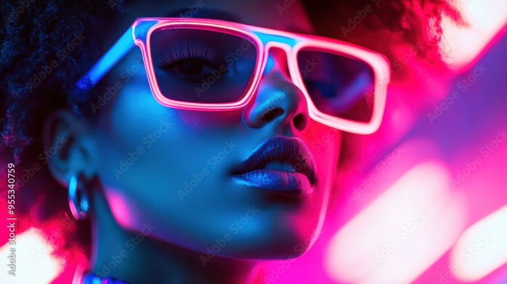 An individual wearing neon-framed glasses is immersed in electric blue lighting, creating a futuristic and dynamic visual that emphasizes modern urban style and energy. An individual wearing neon-framed glasses is immersed in electric blue lighting, creating a futuristic and dynamic visual that emphasizes modern urban style and energy.