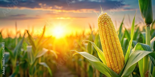 Fresh corncob in organic corn field during sunrise photo