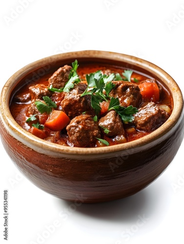 Savory Traditional Hungarian Beef Goulash Stew in Rustic Earthenware Bowl with Vibrant Paprika Spices and High Contrast Minimalist Background