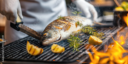 Chef grills whole fish with herbs and lemons on flaming barbecue