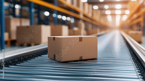 A cardboard box on a conveyor belt in a warehouse, showcasing efficient logistics and modern supply chain operations. photo