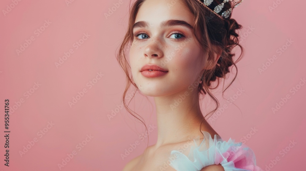 beautiful sixteen girl with dress and crown on pink background beautiful sixteen girl with dress and crown on pink background