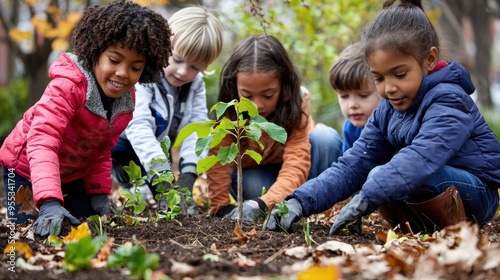 A diverse group of children planting trees in a community garden for Thanksgiving while learning about sustainability and the environment