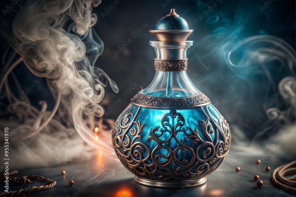Elegant Potion Bottle with Blue Liquid and Mystical Elegant Potion Bottle with Blue Liquid and Mystical