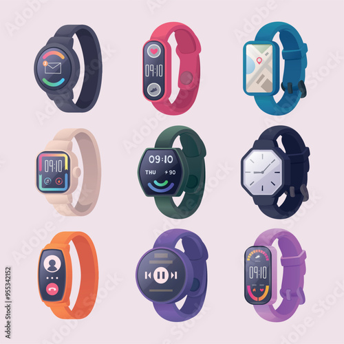 Digital watches. Fitness bracelets and smart trackers display template of digital watches exact vector set
