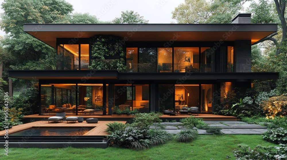 Modern home surrounded by lush greenery and tranquil outdoor space. Modern home surrounded by lush greenery and tranquil outdoor space.