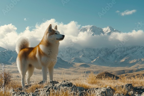 Akita Dog Standing on a Mountain Ridge with Snowy Peaks in the Background photo