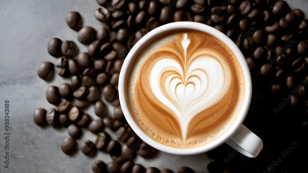 Overhead Shot of Latte with Intricate Foam Art and Coffee Beans Forming Heart Shape (World Coffee Day). Overhead Shot of Latte with Intricate Foam Art and Coffee Beans Forming Heart Shape (World Coffee Day).