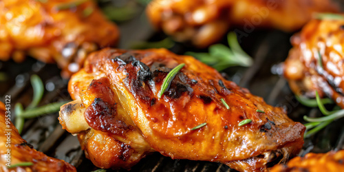 Grilled chicken wings with rosemary on a barbecue grill photo