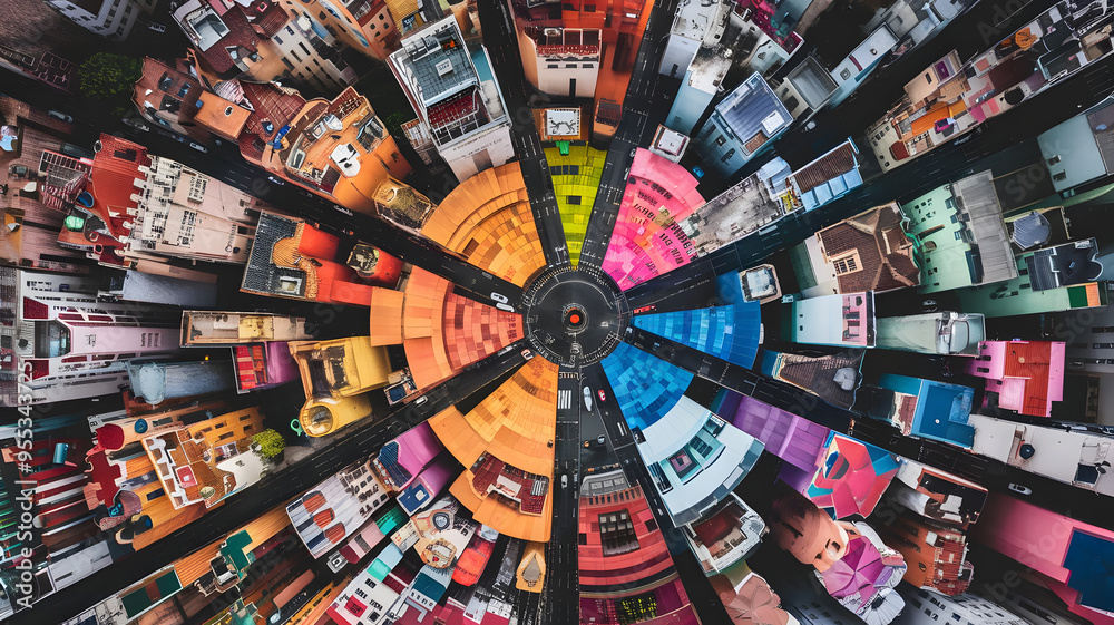 Naklejka premium Aerial View of City Showing Cultural Diversity: Celebrating the Richness of Global Tourism (World Tourism Day).