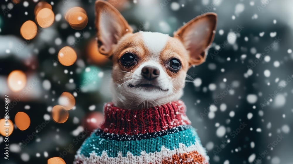 This image features a cute Chihuahua in a festive holiday sweater, surrounded by softly falling snow and twinkling lights, capturing the essence of winter festivities. This image features a cute Chihuahua in a festive holiday sweater, surrounded by softly falling snow and twinkling lights, capturing the essence of winter festivities.