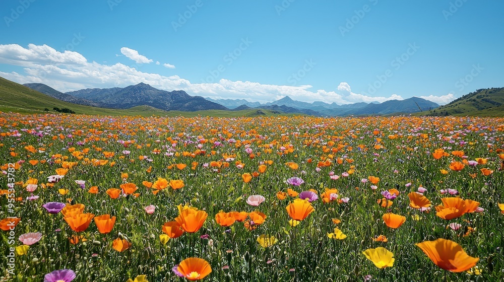Serene Meadow Blooming with Pastel-Colored Poppies under Majestic Mountains on a Sunny Day Serene Meadow Blooming with Pastel-Colored Poppies under Majestic Mountains on a Sunny Day
