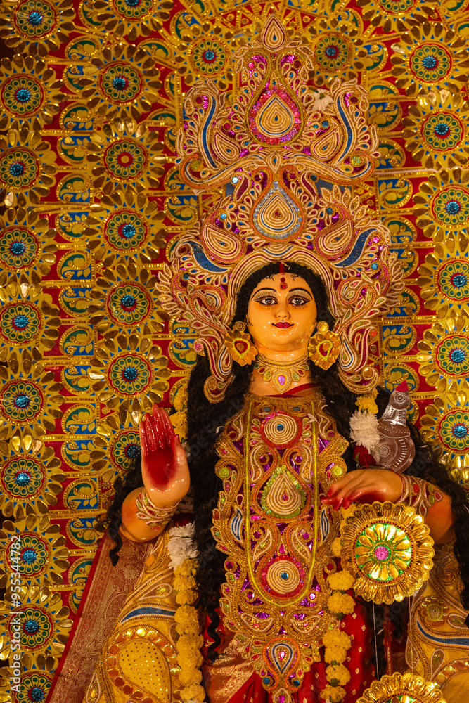 Obraz premium Subho mahalaya, An idol of Goddess Durga decorated in Pandal. Durga Puja is biggest religious festival of Hinduism and for bengalis and is now celebrated worldwide.
