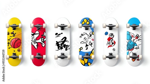 Colorful skateboard designs featuring artistic graphics and vibrant colors, perfect for the creative skateboard enthusiast.