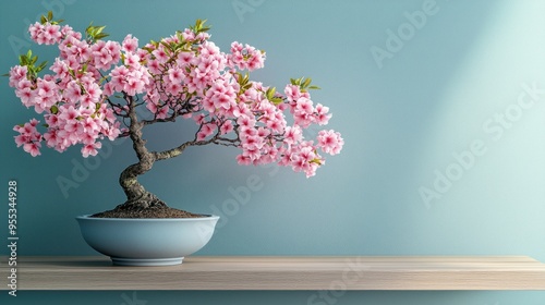 Serene Bonsai Tree with Pastel Blooms on Minimalist Wooden Shelf