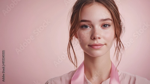 A portrait of a young woman with a hopeful expression, looking directly into the camera, wearing a pink ribbon on her blouse, with a soft pink background that fades into a white gradient to symbolize