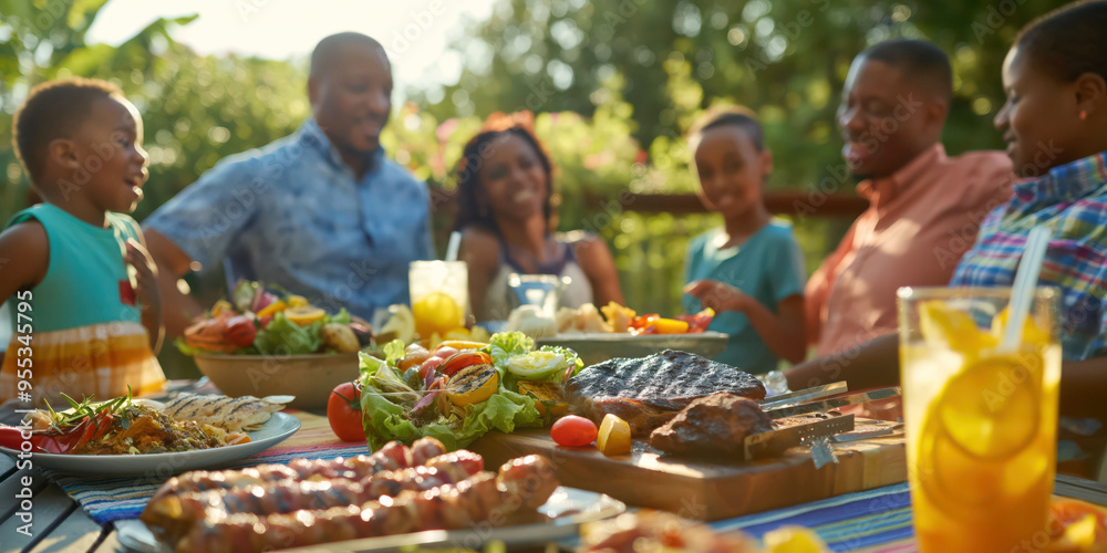 Diverse family enjoying outdoor barbecue with fresh grilled food and lively conversation Diverse family enjoying outdoor barbecue with fresh grilled food and lively conversation