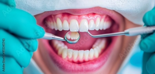 a patient's mouth during a dental checkup, with tools inspecting teeth and gums for dental health and hygiene. a strict dental procedure ensures cleanliness and effectively removes