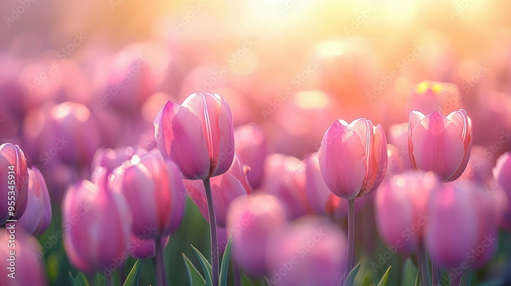 Serene Sunrise Over a Pastel Tulip Field - High-Resolution Floral Landscape with Soft Illuminated Petals