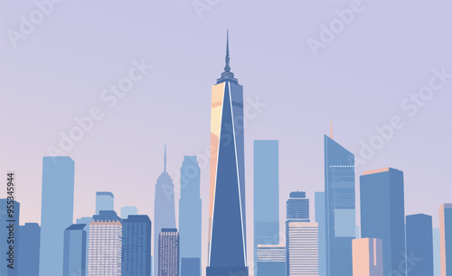 Illustration of a modern city skyline at dawn, featuring tall skyscrapers and pastel tones, representing urban life and architecture