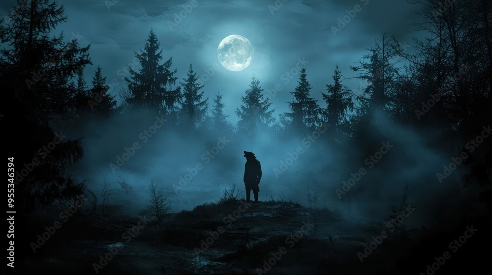 A foggy night scene with a silhouette of a werewolf howling at the full moon, surrounded by dense trees and glowing eyes A foggy night scene with a silhouette of a werewolf howling at the full moon, surrounded by dense trees and glowing eyes