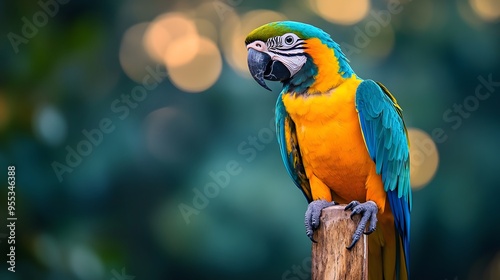 Colorful Parrot Perched on a Wooden Stick: A vibrant parrot with a mix of bright feathers perched on a wooden stick against a soft, blurred background. photo