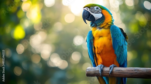 Colorful Parrot Perched on a Wooden Stick: A vibrant parrot with a mix of bright feathers perched on a wooden stick against a soft, blurred background. photo
