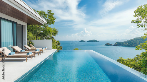 Infinity pool overlooking tropical islands in modern villa