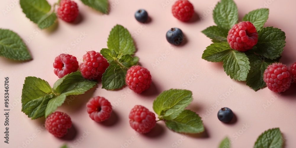 Assorted berries and mint leaves on a pink background. Assorted berries and mint leaves on a pink background.