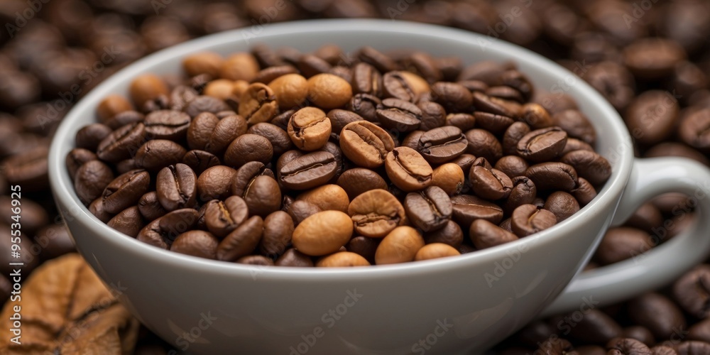 Fototapeta premium Coffee beans in a cup surrounded by a pile of beans.