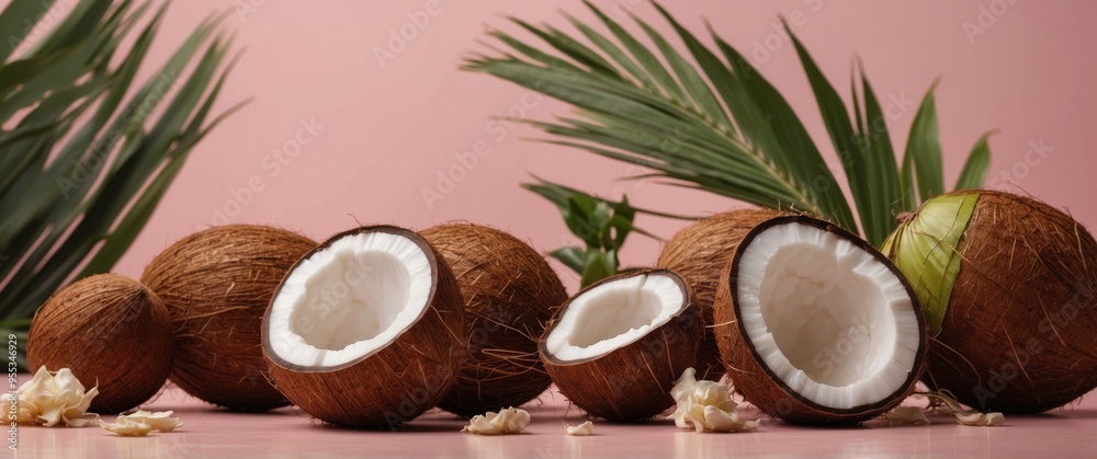 Palm leaves and half of coconut on the pink background. Palm leaves and half of coconut on the pink background.