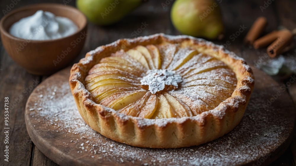 A rustic pear tart dusted with powdered sugar. A rustic pear tart dusted with powdered sugar.