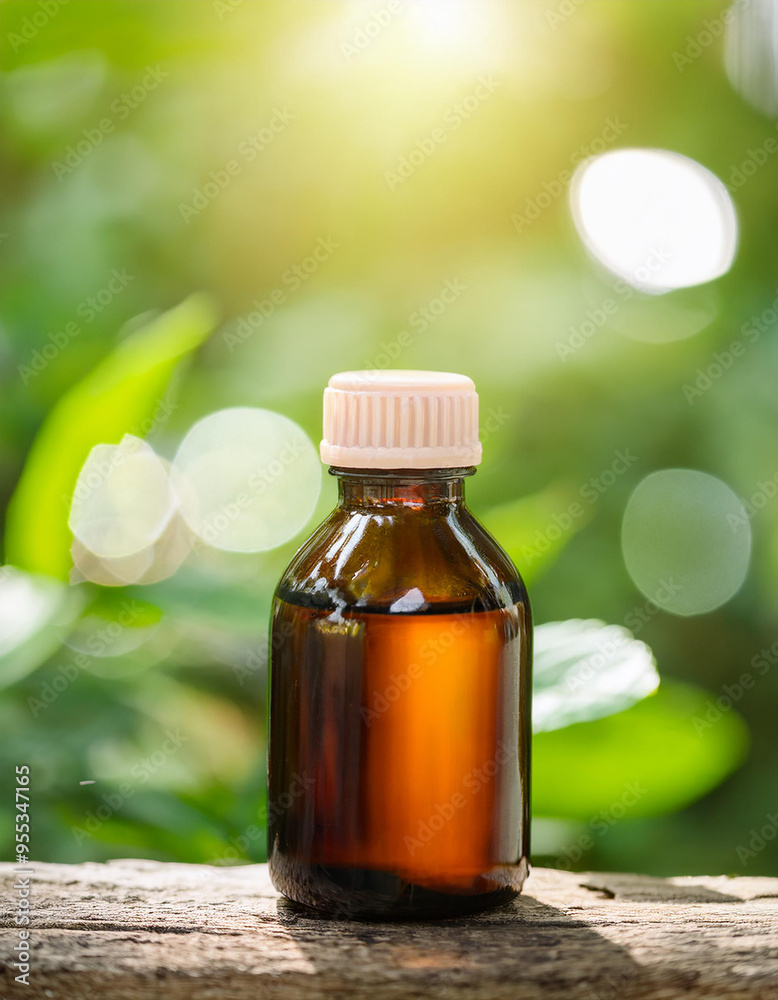 Glass or plastic bottle of cough syrup, natural background. Healthcare and medical product concept Glass or plastic bottle of cough syrup, natural background. Healthcare and medical product concept