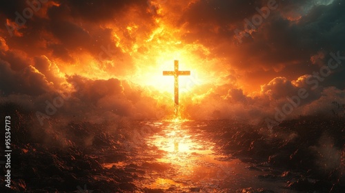 A golden cross shines brightly against a fiery sunset sky, its light reflecting on a body of water below.