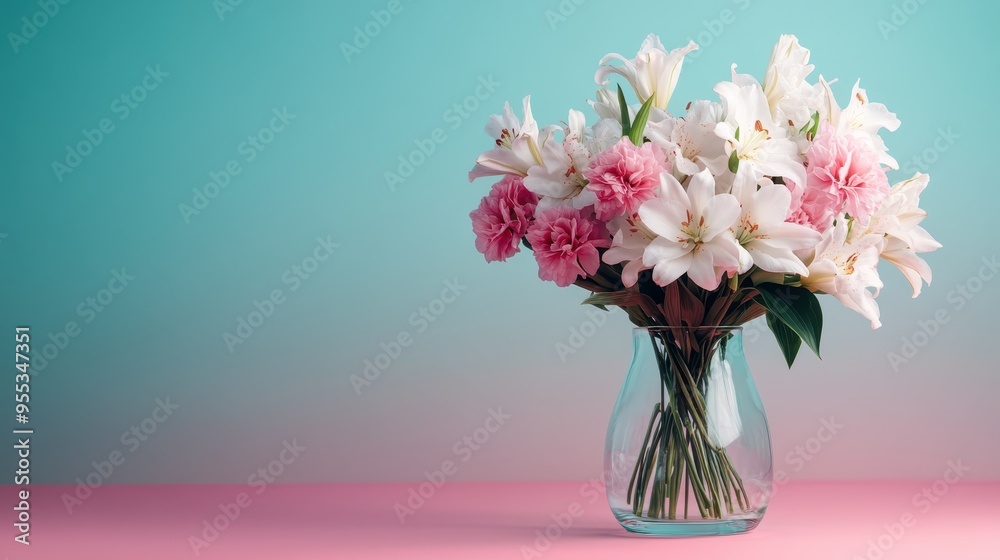 A lively and colorful mix of flowers including lilies and carnations, displayed in a clear glass vase against a gradient background of teal and pink, adding visual charm. A lively and colorful mix of flowers including lilies and carnations, displayed in a clear glass vase against a gradient background of teal and pink, adding visual charm.