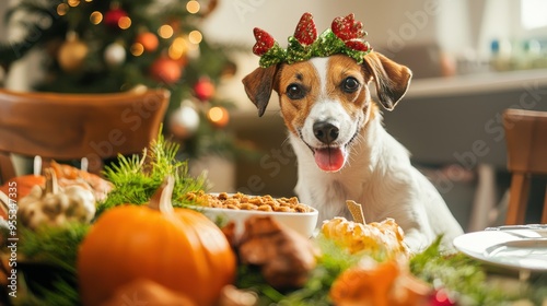 An animal-focused Thanksgiving with pets wearing festive accessories and a smart feeder programmed for holiday treats in a tech-savvy home setting photo