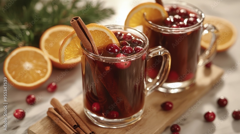 Warm festive drinks with cranberries and orange in cozy setting during winter holiday season